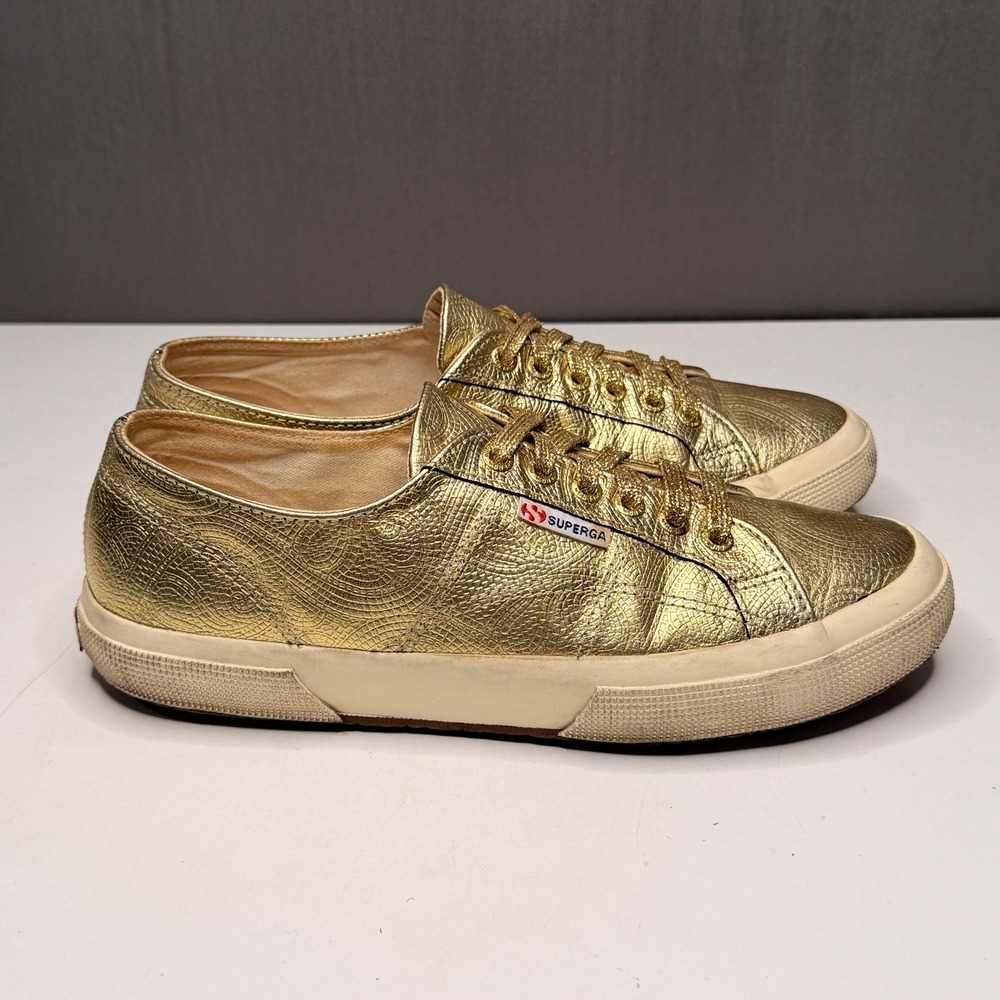 Superga Lace Up Sneakers Womens Sz 10W Gold Plimsoll Low Top Casual Glam Unisex